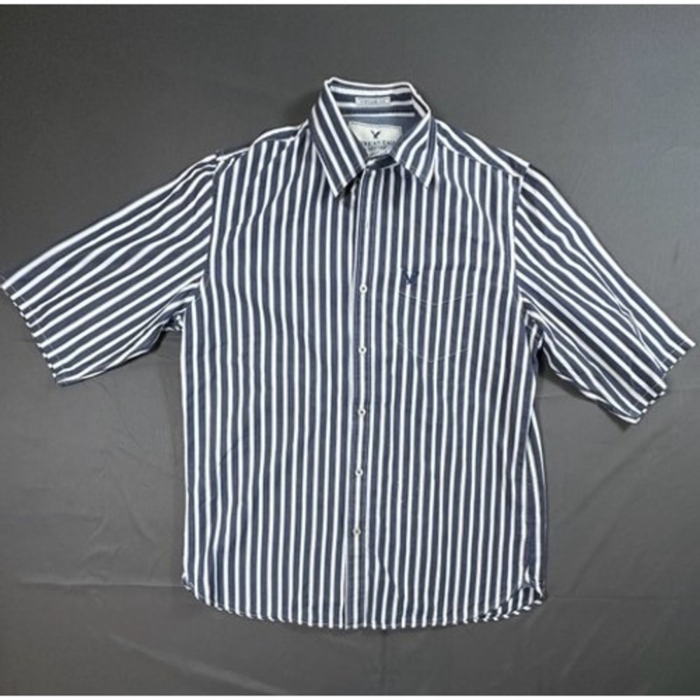 American Eagle Outfitters Mens S/S Size L Striped Button Down Shirt Navy White